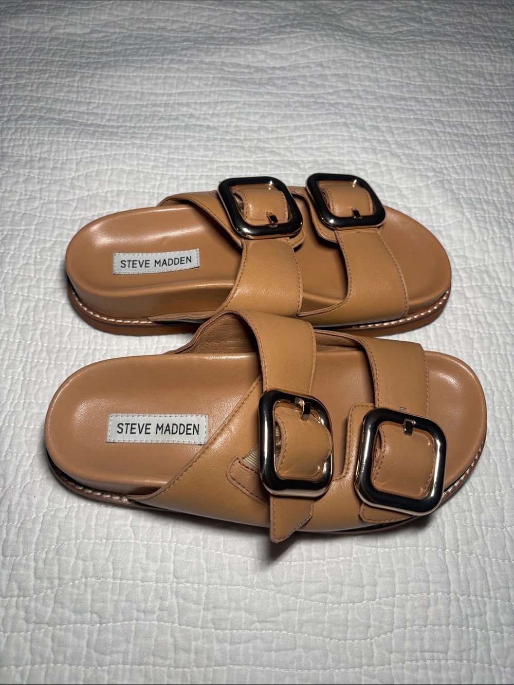 Steve Madden Cognac Double-Buckle Slide Sandals - Picture 5 of 9